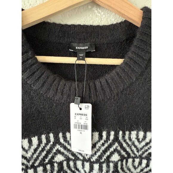 Express Fair Isle Black Knit Crewneck Sweater Cabincore Cozy Geometric NWT Men L - Picture 9 of 9